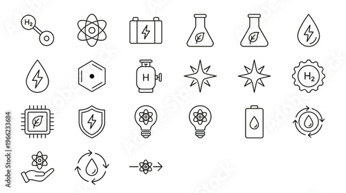Web icons de energia de hidrogênio e clean tech em estilo line art. Coleção de células de combustível H2, inovação verde e tecnologias livres de carbono. Símbolos ultra-minimalistas para pesquisa ener