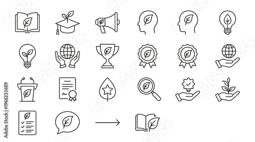 Web icons de educação ambiental e conscientização em estilo line art. Coleção de símbolos de mentoria verde, treinamento em sustentabilidade e consciência climática. Símbolos ultra-minimalistas para a
