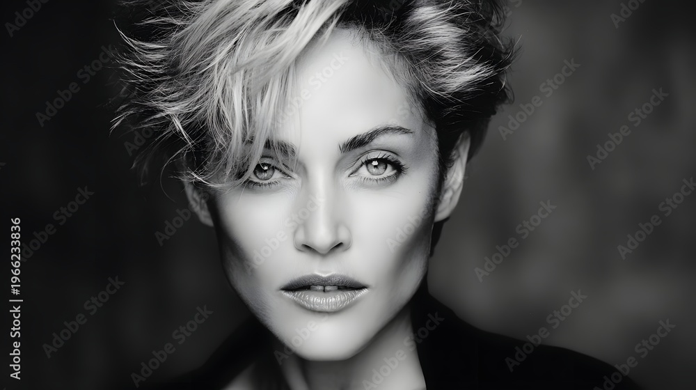 Fototapeta premium Dramatic black and white portrait of confident woman with bold makeup and edgy hairstyle