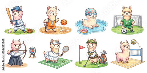 Set of funny cartoon alpaca cute animals in playful sports vector style featuring smiling characters for kids toy illustration collection	
