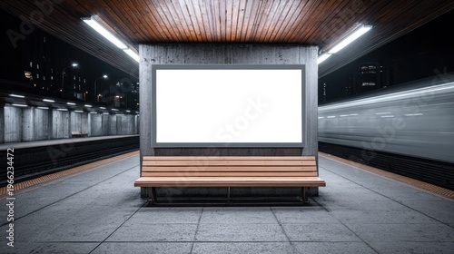 Empty billboard at a train station with a bench and a passing train at night.