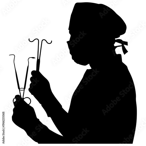 Silhouette of a professional surgeon holding surgical instruments against a white background.