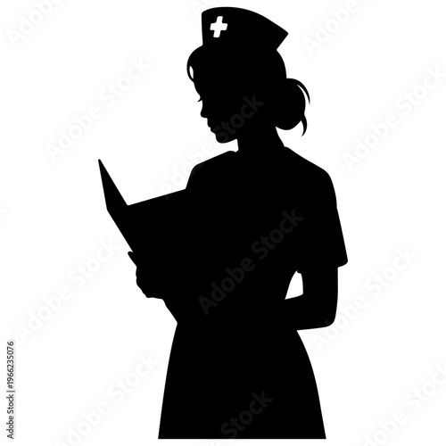 Silhouette of a professional nurse in traditional cap reading medical records and charts
