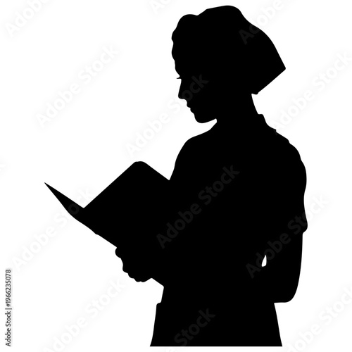 Silhouette of a nurse in a traditional cap holding and reading medical records or a folder