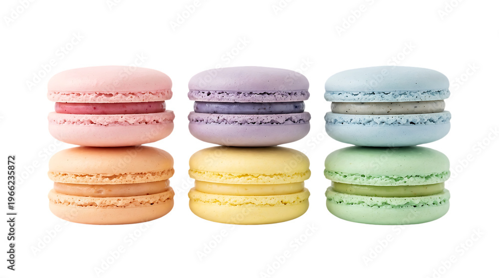 Fototapeta premium Assortment of colorful french macarons stacked in pairs showcasing pastel pink lavender sky blue peach lemon yellow and mint green hues with a clean white background and studio