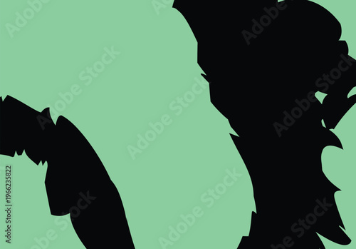 Bold black abstract shapes on bright teal background, minimalist design, digitally created, graphic design, modern design