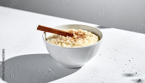 Arroz con leche with cinnamon on cement gray