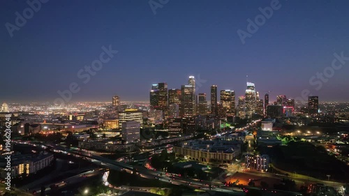 Los Angeles night timelapse. LA downtown night motion. Los Angeles city lights. LA skyline with city lights. Las Vegas night drone shot. Los Angeles night aerial motion.