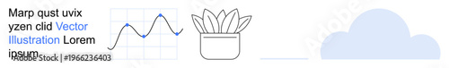 Data analysis, digital trends, nature design, minimalism, creativity, infographics. Line graph, potted plant and cloud shape in a clean layout. Data analysis and digital trends concept