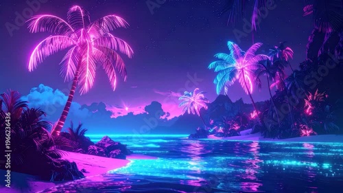 A neon beach scene showcases palm trees, water, and night sky