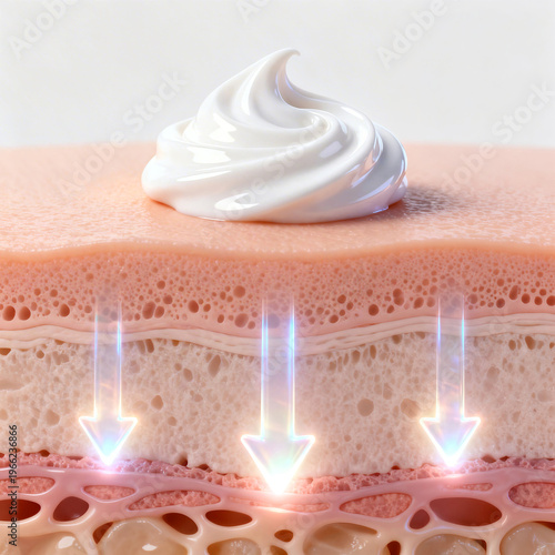 Exploring skin structure with cream absorption and hydration in dermatology and skincare concepts