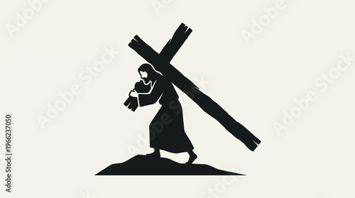 Minimalist silhouette of Jesus Christ carrying the heavy wooden cross to Calvary
