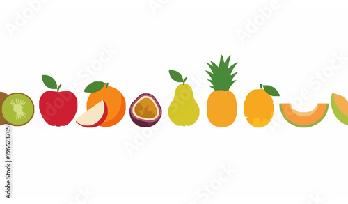 Tropical fruit lineup vector set with apple kiwi pineapple mango pear and melon isolated on white background