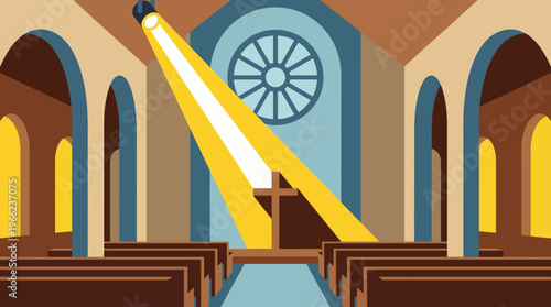 Modern flat illustration of a church interior with a spotlight shining on a simple wooden cross