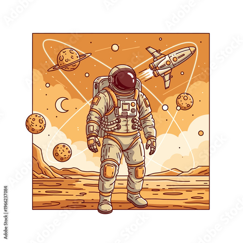 Astronaut exploring a distant planet with a rocket and celestial bodies in a stylized space illustration.