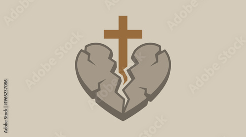 Conceptual vector showing a broken stone heart with a cross emerging from the center
