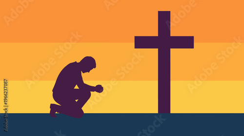 Silhouette of a person kneeling in prayer in front of a large cross at dawn