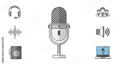 flat design microphone with audio recording and podcasting icons set