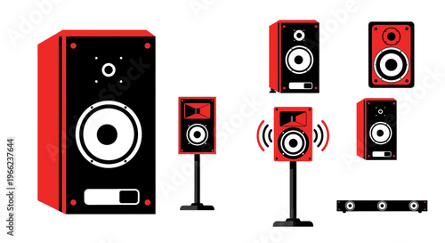 Set of red professional audio speakers and sound system icons on white background