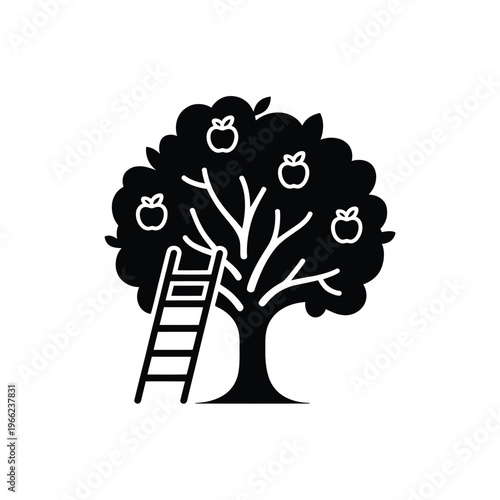 Black silhouette of an apple tree with ladder and fruit