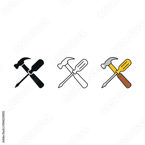 Three variations of a hammer and screwdriver tool combination icon