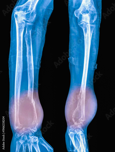 Bone cancer of the radius  X-ray
X-ray of the  patient  hand  with an aggressive bone tumour. The radius bone  contains lytic lesions,sugestive agresive bone tumour 
