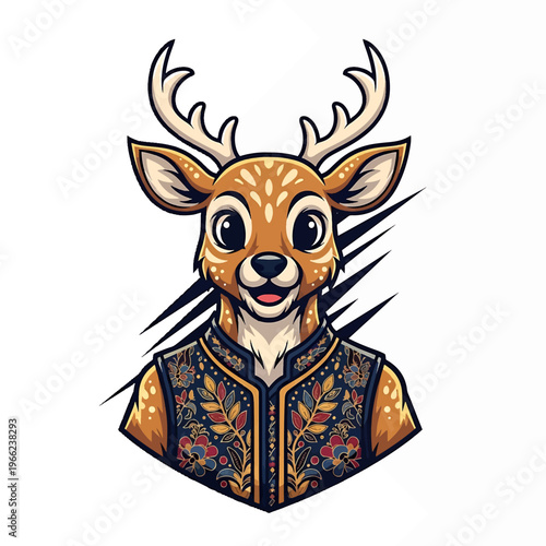 Cartoon Deer Character Wearing Traditional Clothing Illustration.