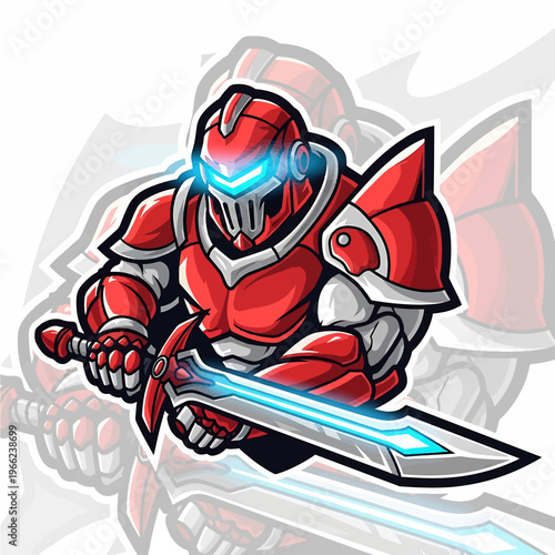 Futuristic Red Armored Warrior with Sword and Helmet.