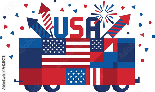 A festive illustration shows a stylized train car decorated with American flag patches beneath large USA lettering and exploding fireworks.