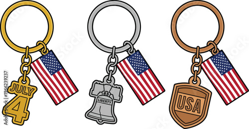 Three metal keychains featuring small American flags dangle next to patriotic charms like the date July 4th and the Liberty Bell.