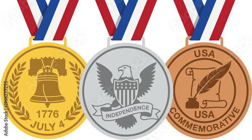 Three metallic commemorative medals, gold, silver, and bronze, display patriotic American imagery like a bell, an eagle crest, and a quill writing on a scroll.