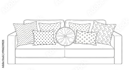 Detailed line art illustration of a comfortable sofa adorned with an assortment of decorative throw pillows.