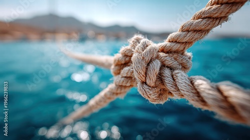 Close-up of a nautical rope knot against a blurred ocean backdrop.
