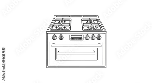 Detailed line art illustration of a modern gas range with oven and burners.