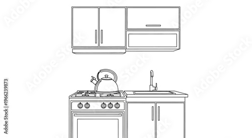 Detailed Line Art Illustration of a Modern Kitchen Setup with Cabinets, Stove, and Sink.