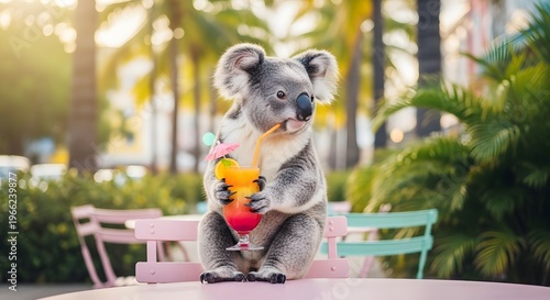 Adorable Koala Bear Enjoys a Tropical Summer Cocktail with a Straw and Umbrella