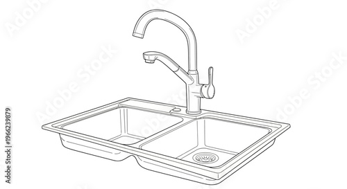 Detailed Line Art Illustration of a Modern Double Kitchen Sink with Faucet.