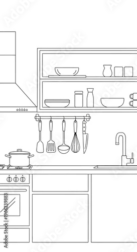 Detailed Line Art Illustration of a Modern Kitchen Interior with Appliances and Utensils.