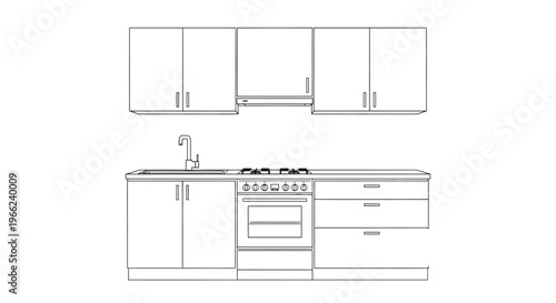 Detailed Line Drawing of a Modern Kitchen Layout with Cabinets and Appliances.