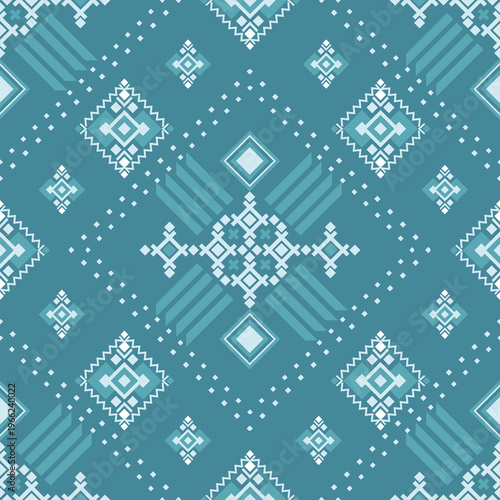 Teal Geometric Ethnic Seamless Pattern with Tribal Motifs