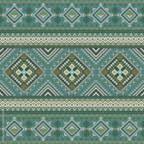Green and Grey Tribal Ethnic Geometric Seamless Pattern