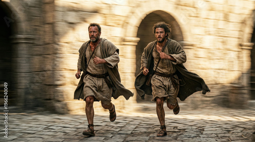 Disciples peter and john running through ancient city