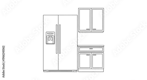 Detailed Line Drawing of a Modern Refrigerator and Kitchen Cabinets.