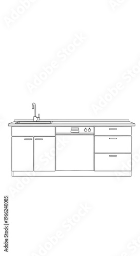 Detailed Line Drawing of Modern Kitchen Counter with Sink and Dishwasher.
