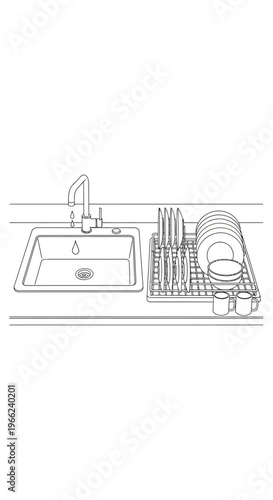 Kitchen Sink and Dish Rack with Clean Dishes Drying.