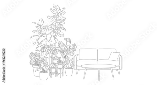Line art drawing of a cozy living room with many potted plants.