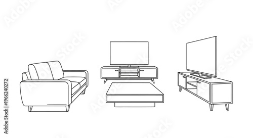 Living Room Furniture Set Outline Drawing.