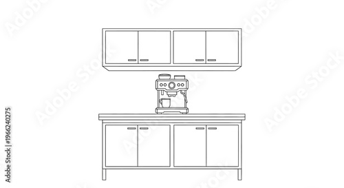 Line drawing of a coffee machine on a counter with cabinets.