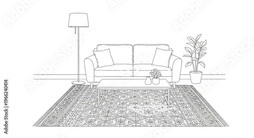Living Room Interior with Sofa, Coffee Table, Lamp, and Plant.