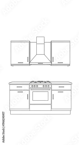 Minimalist Kitchen Cabinets and Appliances Line Art Illustration.